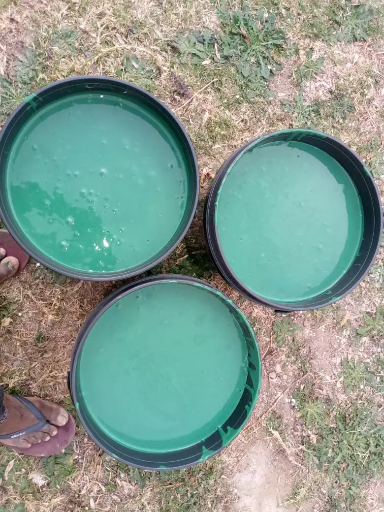 Modekai paint mixed in buckets